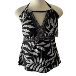24 & Ocean Tankini Womens 16 W Mosaic Leaf High Neck Keyhole Top Pool Vacation